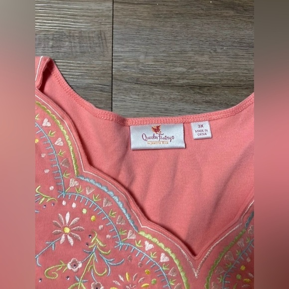 Quacker Factory 3X Shirt Top Peach Embellished Floral Embroidered 3/4 Sleeve - Picture 7 of 8